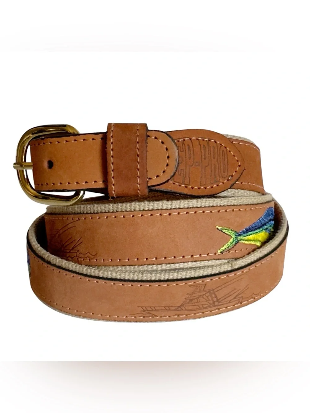 Zep-Pro Dolphin Mahi-Mahi Embroidered Nubuck Tan Leather Men’s 46 Belt USA